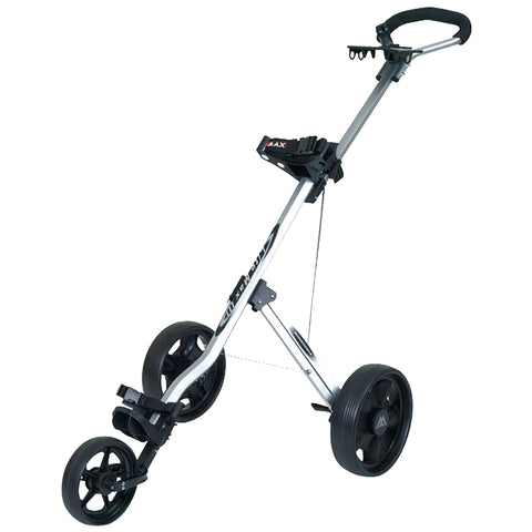 A golf trolley designed for transporting golf clubs features three wheels for mobility and a sturdy frame with a handle for easy maneuvering on golf courses.