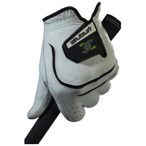 Stuburt Mens Left Hand Urban Leather Golf Glove A white golf glove grips a black golf club. The glove features padding and a logo. The background is plain, drawing focus to the glove's design and functionality.