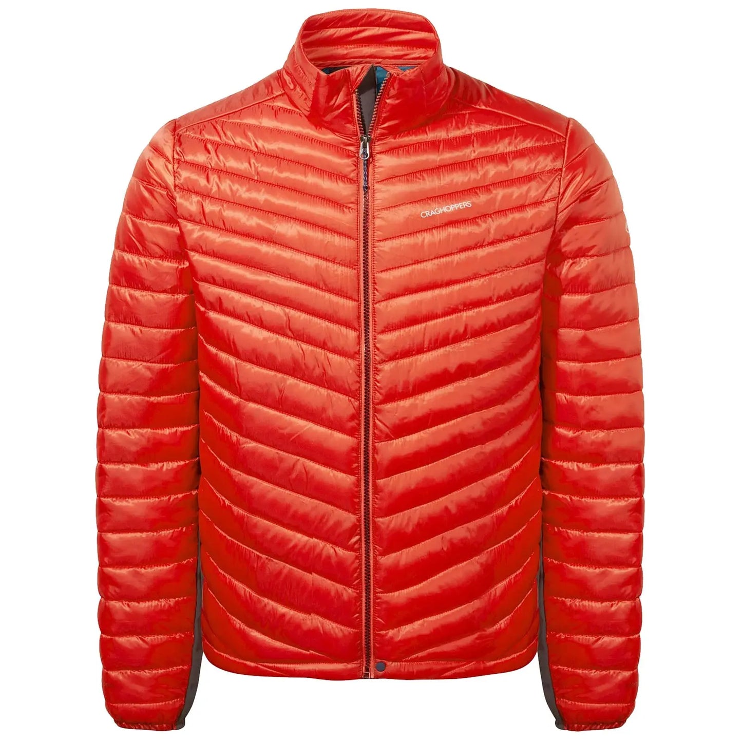 A bright red puffer jacket is displayed frontally with a zippered front and a collar The jacket features a quilted pattern and has a sleek modern design suitable for outdoor activities