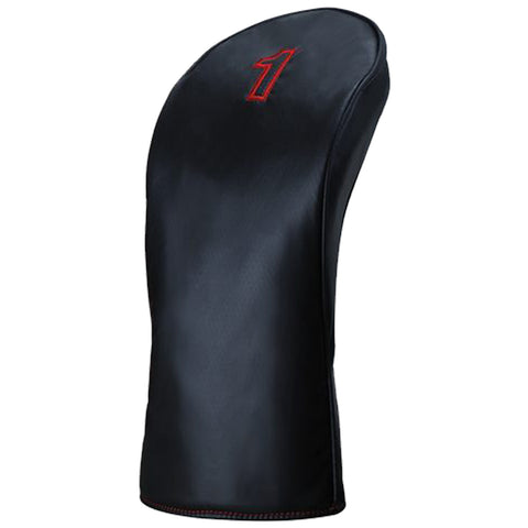A black golf club headcover is standing upright with a curved top and a sleek finish featuring a red number one embroidery on its surface in a neutral background.