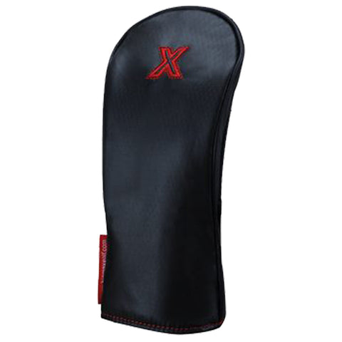 A black oven mitt is displayed upright with a red logo on the front It is made of heat-resistant material designed to protect hands while handling hot objects in a kitchen setting