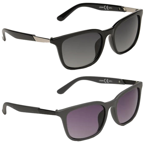 Two pairs of black sunglasses are displayed side by side with one pair featuring dark lenses and the other with a gradient from dark to light grey lenses set against a neutral background.