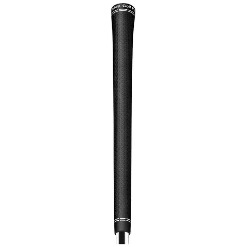 A black golf club grip stands upright showcasing its textured surface for enhanced grip with two white horizontal lines at the bottom indicating the end of the grip.