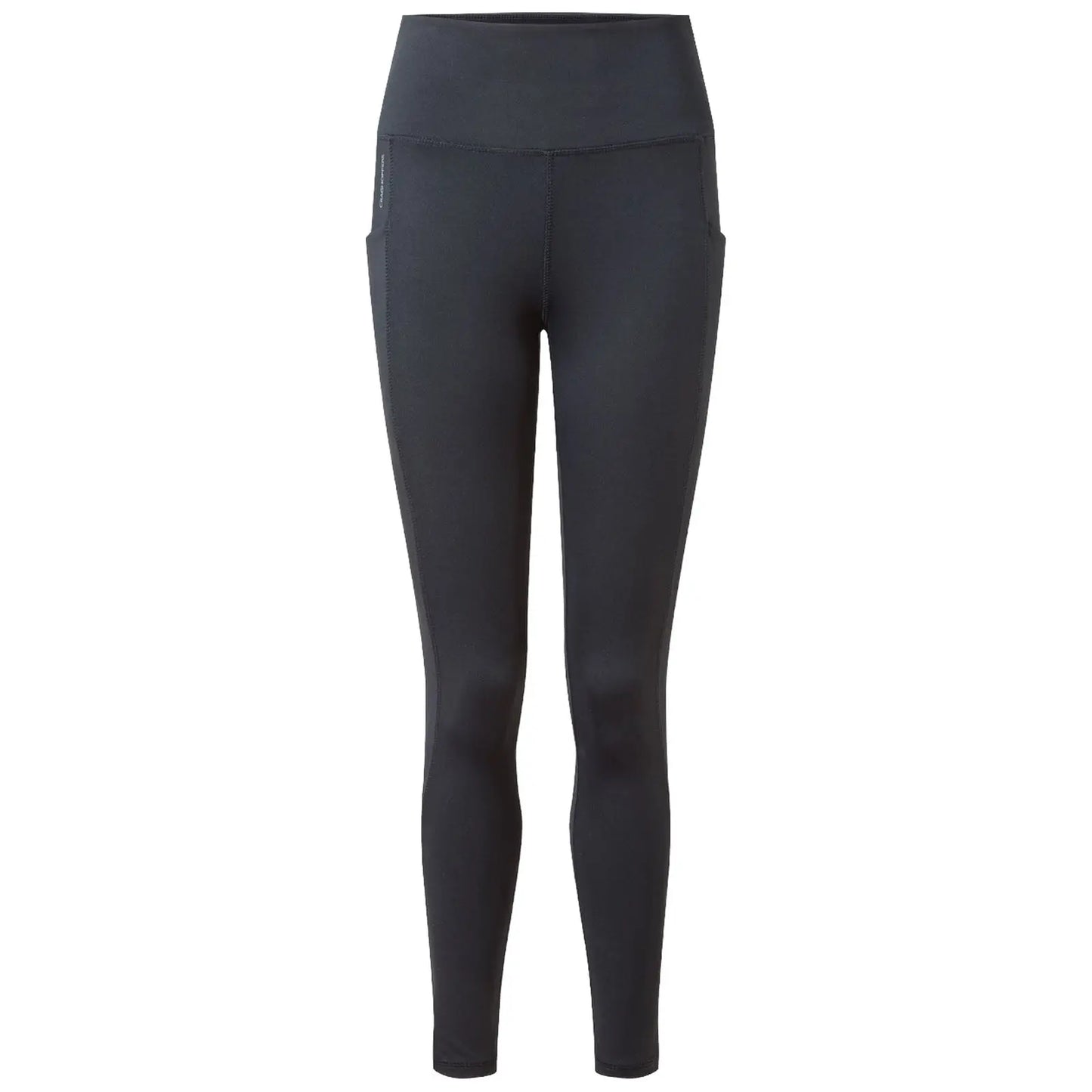 Black leggings are displayed upright showcasing a high waistband and side pockets designed for comfort and utility in active wear or casual settings.