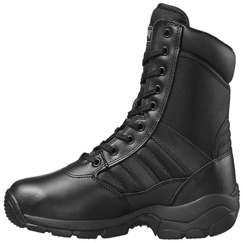 A black high-top boot is displayed upright showcasing its smooth leather and mesh upper features while the sturdy rubber sole indicates durability for outdoor or tactical use.