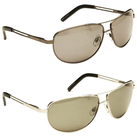 Two pairs of sunglasses are displayed side by side with similar shapes and tinted lenses one is dark brown and the other is light gray both have sleek metallic frames and black accents