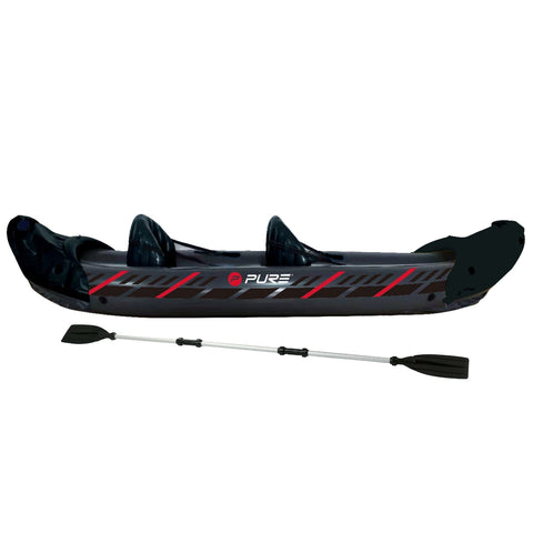 A black inflatable kayak with red accents rests on a flat surface next to a two-blade paddle showcasing a streamlined design suitable for two paddlers and water exploration.