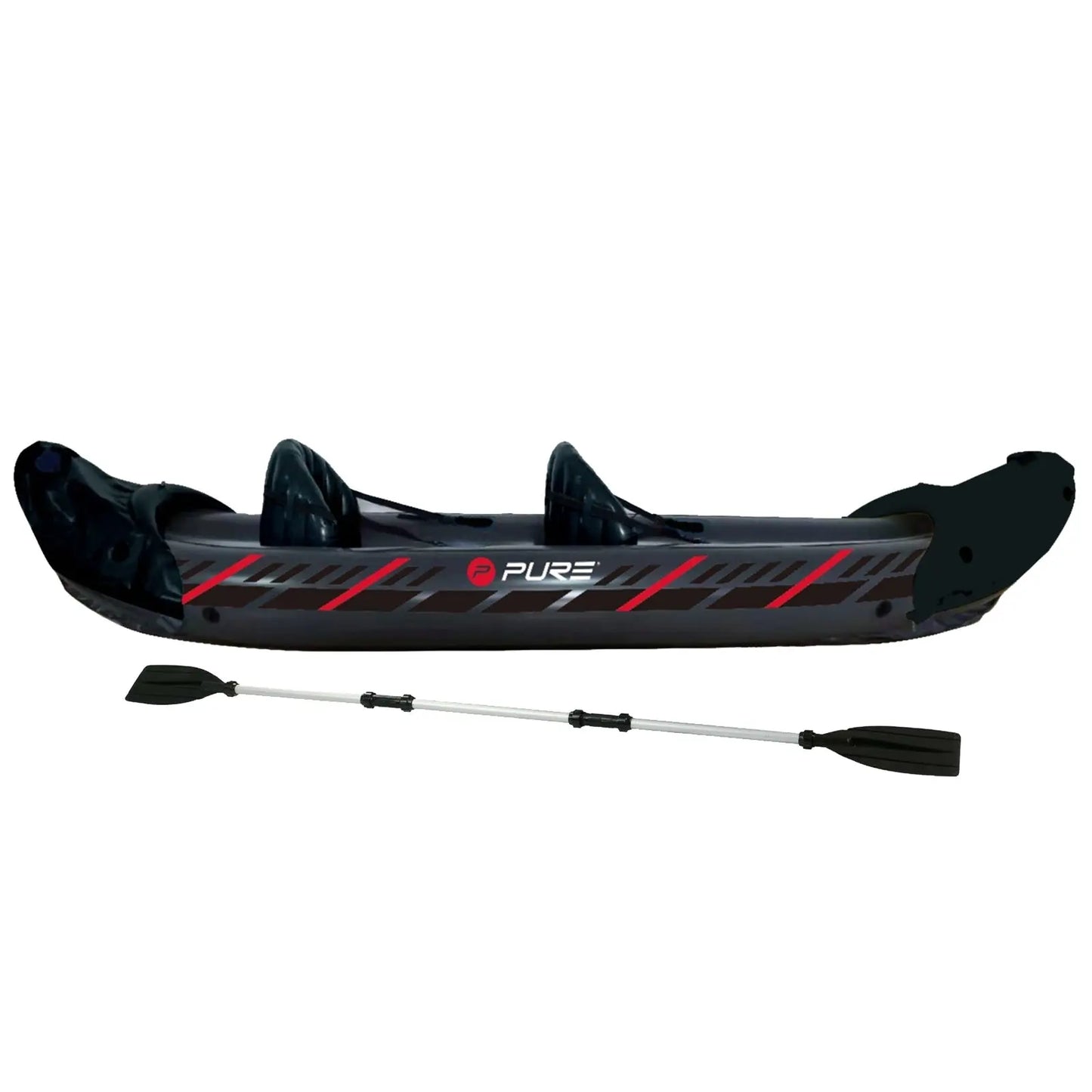 A black inflatable kayak with red accents rests on a flat surface next to a two-blade paddle showcasing a streamlined design suitable for two paddlers and water exploration.