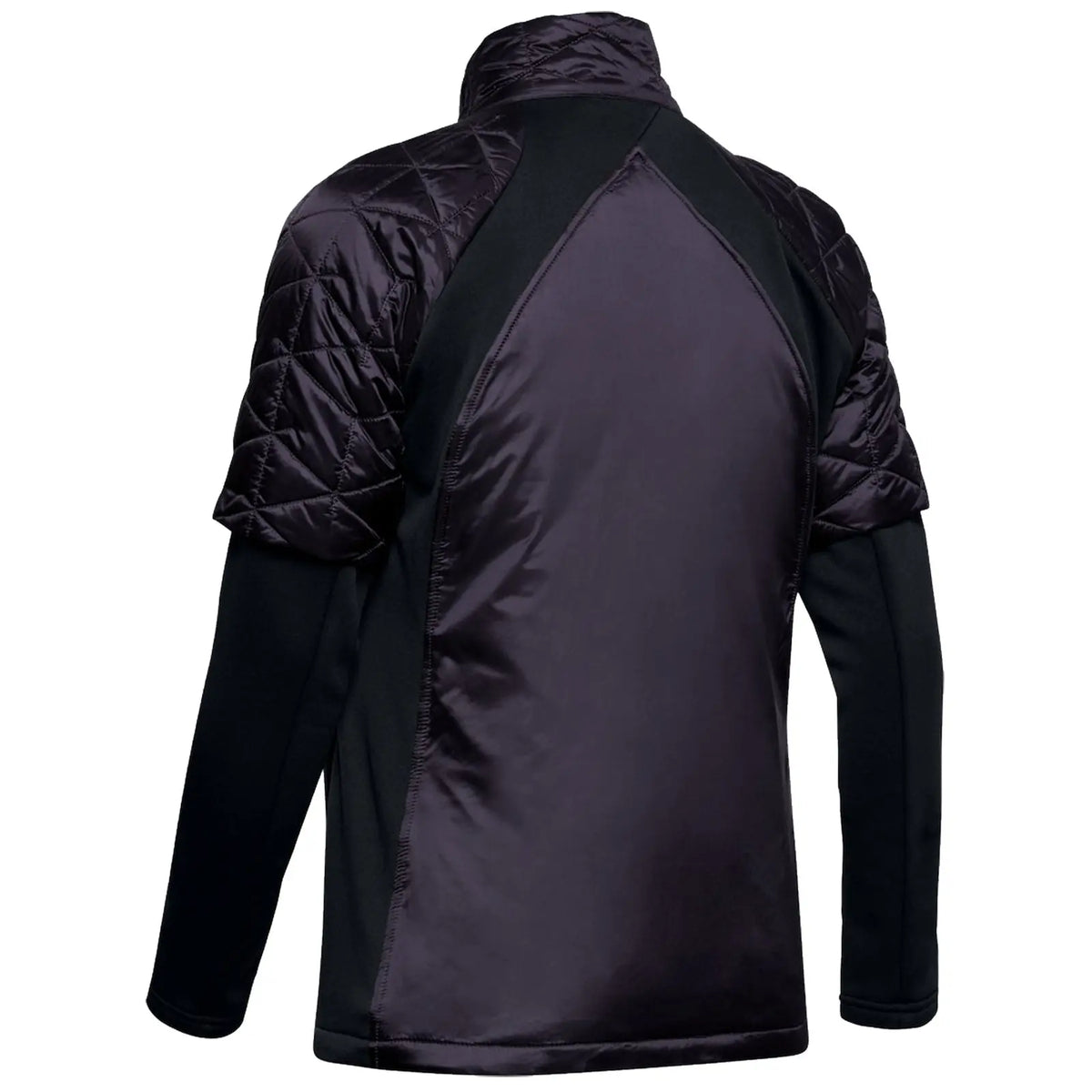 A black and quilted athletic jacket is displayed without a front view showcasing its sleek design and warm fabric ideal for outdoor activities in cool weather.