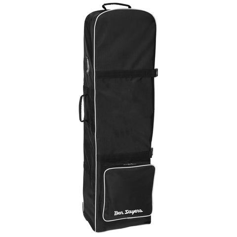 A tall black fabric golf bag stands vertically with a zippered front pocket and handles on the sides for carrying showcasing a brand logo on the pocket