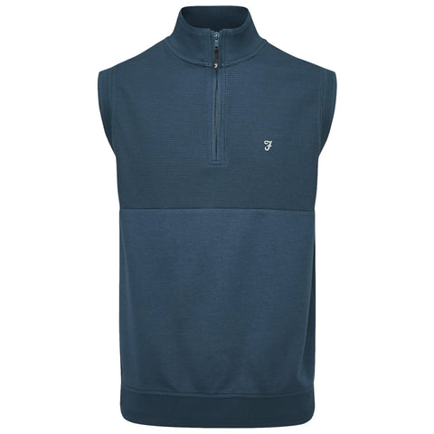 A sleeveless dark blue sweater with a high collar and a quarter-zip front features a textured upper section and a smooth lower section alongside a small logo on the chest.