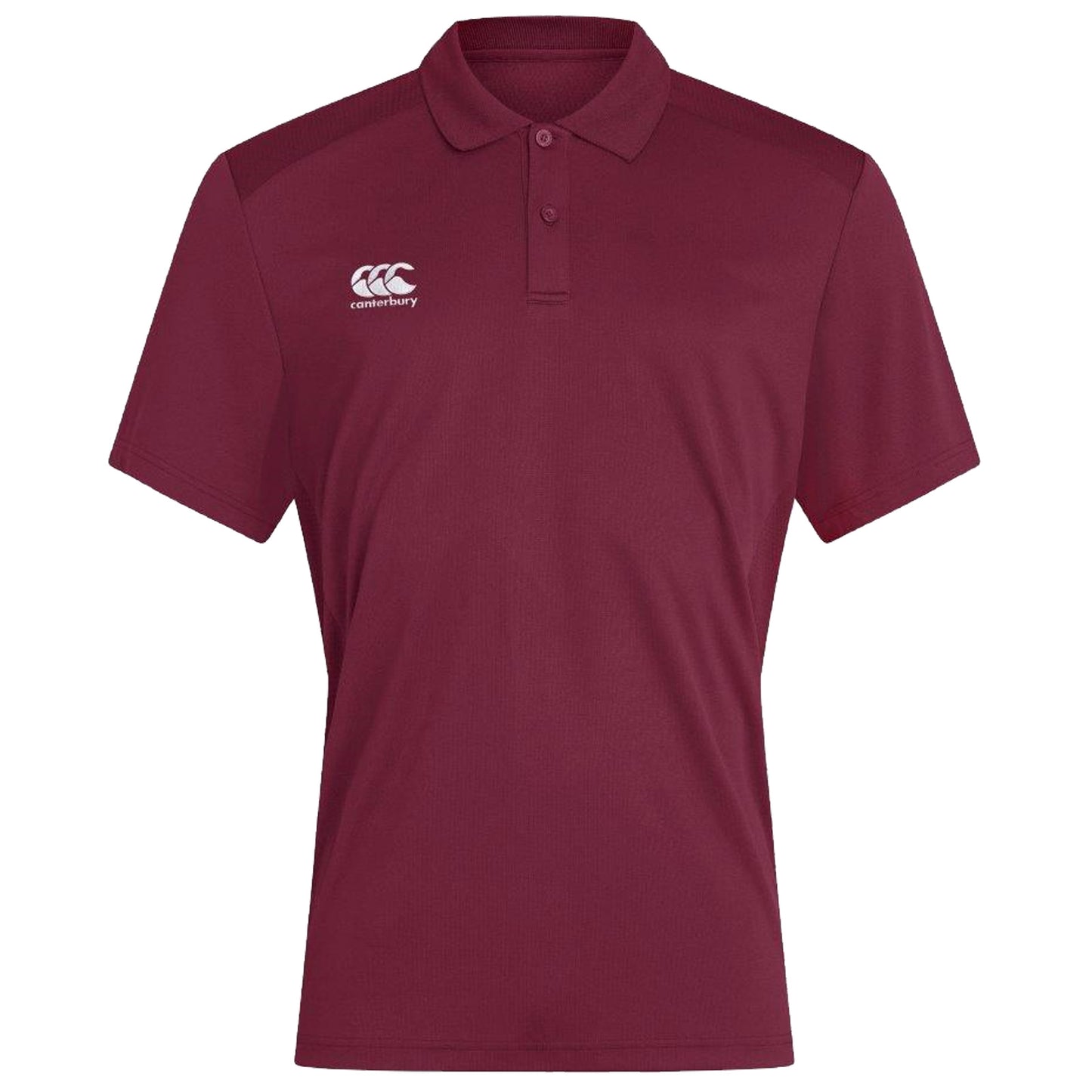 A burgundy polo shirt featuring a collared neck and short sleeves adorned with a white Canterbury logo on the left side, displayed against a plain white background.