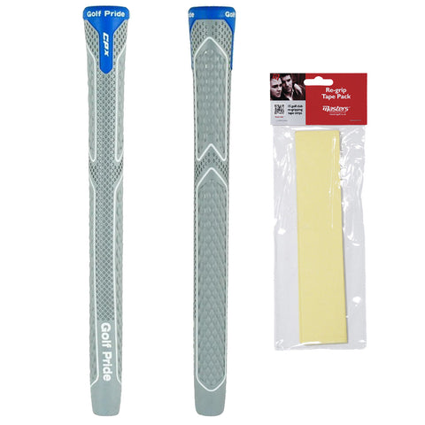 Two grey golf club grips with textured surfaces are positioned horizontally alongside a re-grip tape pack containing a yellow adhesive strip in clear packaging.