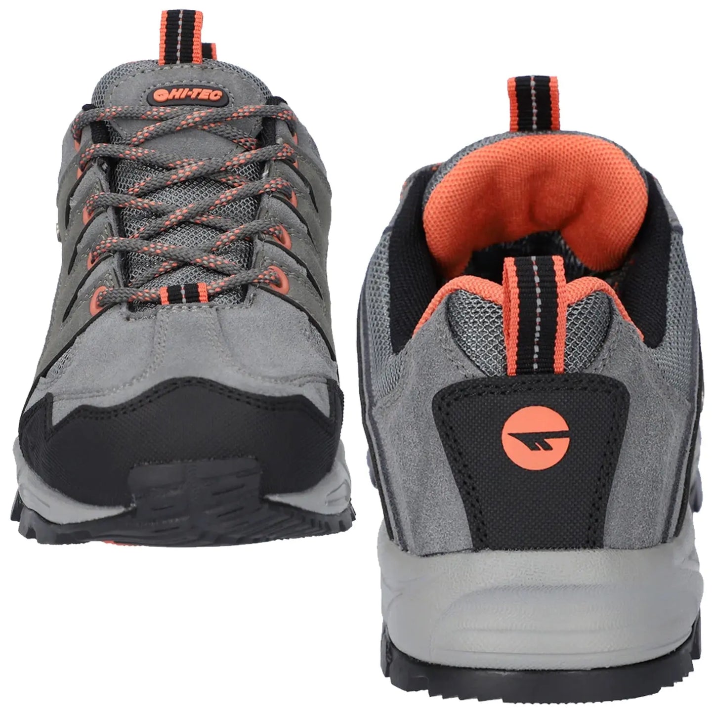A pair of gray hiking shoes features orange accents and black detailing. The shoes are positioned with one facing forward and the other highlighting the back view, set against a plain background.