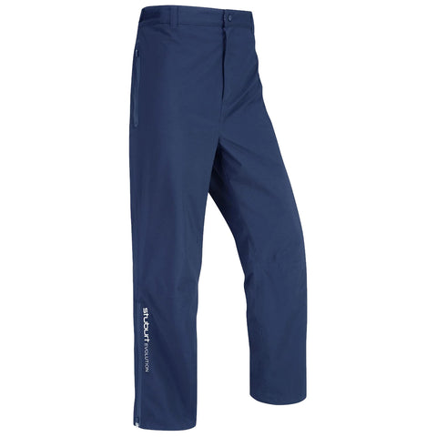 Navy blue pants stand upright with a smooth fabric surface and a zippered pocket on the side. They are designed for outdoor activities and feature the text "stuburt evolution" along the leg.