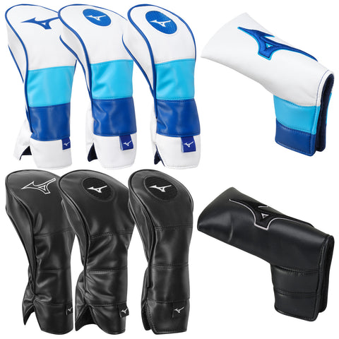 A set of golf club headcovers features four white and blue designs along with three black ones positioned together on a plain background showcasing their protective function for golf clubs.