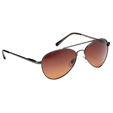A pair of brown gradient aviator sunglasses rests at an angle with metallic frames reflecting light showcasing a stylish accessory for sun protection and fashion.