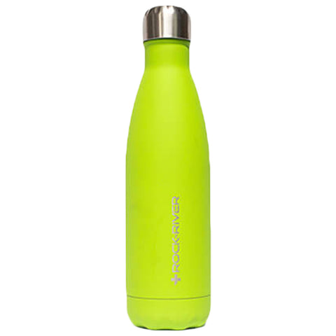 A bright green insulated water bottle stands upright with a stainless steel cap reflecting light its surface appears smooth and matte against a plain background