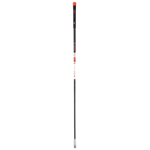 A straight, slender swing trainer is positioned vertically with an orange and red handle at the top and a metallic tip at the bottom in a plain white background.
