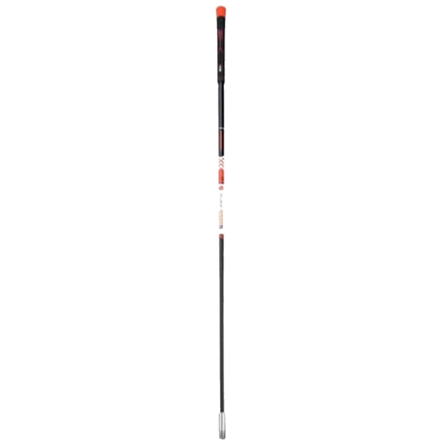 A straight, slender swing trainer is positioned vertically with an orange and red handle at the top and a metallic tip at the bottom in a plain white background.