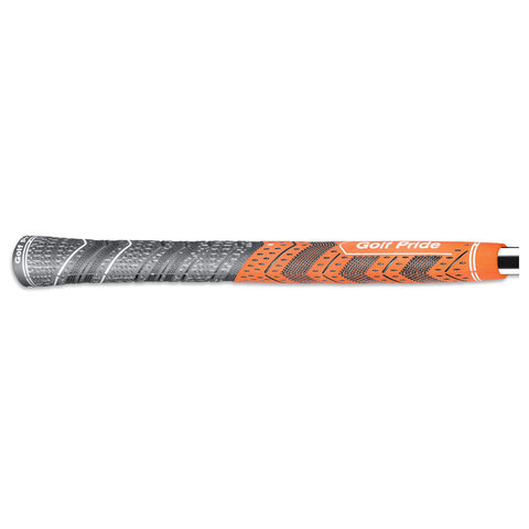 A golf club grip is displayed showcasing a combination of gray and orange colors with textured patterns designed for improved traction and control in a plain background.