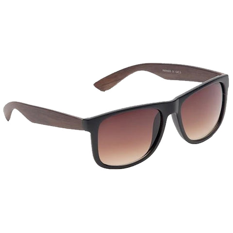 Sunglasses with black frames and brown wooden arms sit upright against a plain background displaying a gradient lens transitioning from dark to light brown