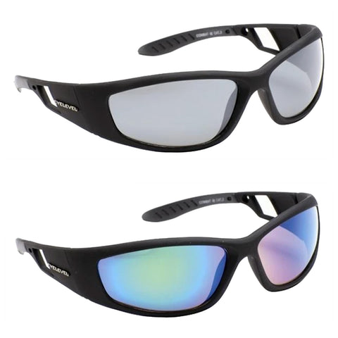 Black sunglasses are displayed side by side with one pair featuring reflective gray lenses and the other with a blue-green gradient lens in a neutral background