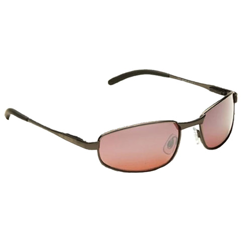 A pair of stylish sunglasses with a sleek metal frame and pink tinted lenses is positioned at an angle against a plain background showcasing its design and reflective qualities.