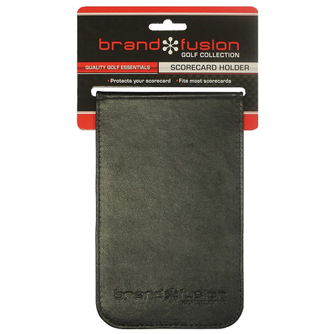 A black rectangular scorecard holder is displayed on a card. It protects scorecards and fits most sizes. The packaging reads brand fusion golf collection scorecard holder quality golf essentials.