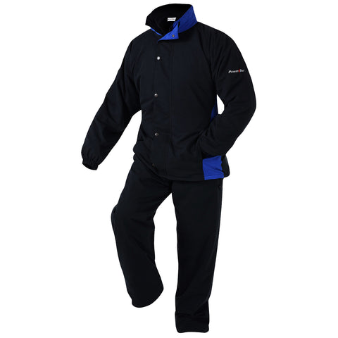 A black and blue jacket with matching pants is displayed standing upright the jacket has a high collar and snap buttons while the pants have a straight leg fit