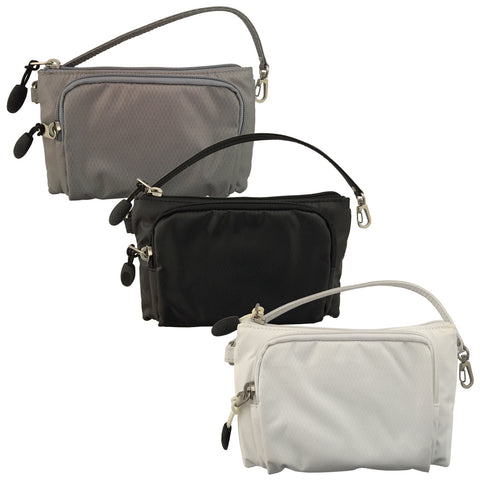 Big Max Small Clutch Storage Bag Three small zippered bags in gray black and white are displayed side by side each with a handle and designed for organizing items in various settings such as travel or daily use