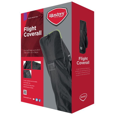 A golf bag coverall protects golf equipment during travel with features like a full-length zip and an identification holder. It is shown on a red and white box with product details.