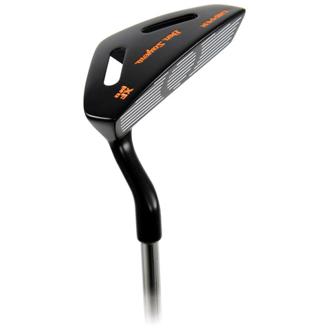 A black golf putter with a textured face is positioned upright displaying its sleek design and metallic shaft in a minimalistic setting meant for golfing.
