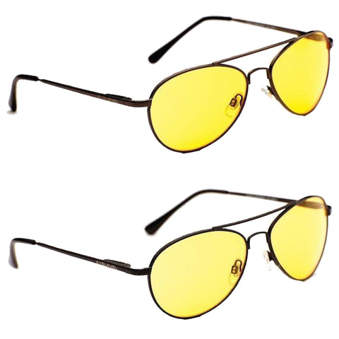 A pair of yellow-tinted sunglasses is displayed with one pair positioned above the other showcasing their oval lenses and black frames in a neutral background