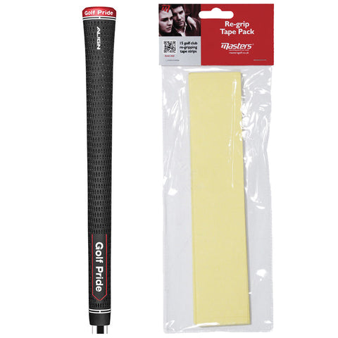 A black golf grip with a textured surface labeled Golf Pride is positioned next to a yellow re-gripping tape pack displaying the text Re-grip Tape Pack and featuring a package design for golf club maintenance.