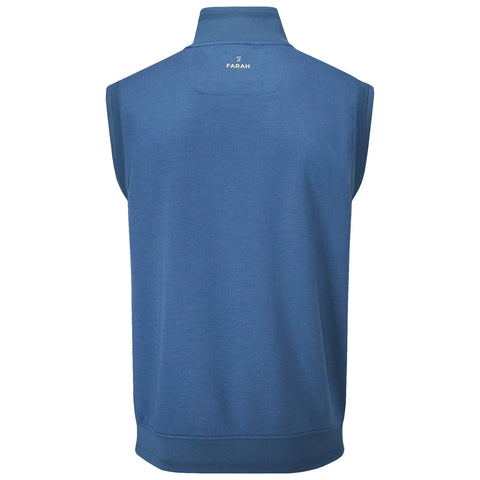 A sleeveless blue golf vest is displayed from the back featuring a high collar and a logo on the back near the neck suggesting a sporty context suitable for outdoor activities.