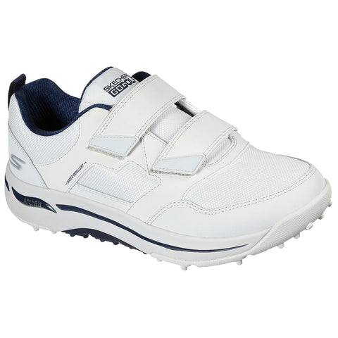 A white athletic shoe with a mesh fabric upper and Velcro straps rests on a flat surface. The shoe features a textured sole suitable for traction and support.