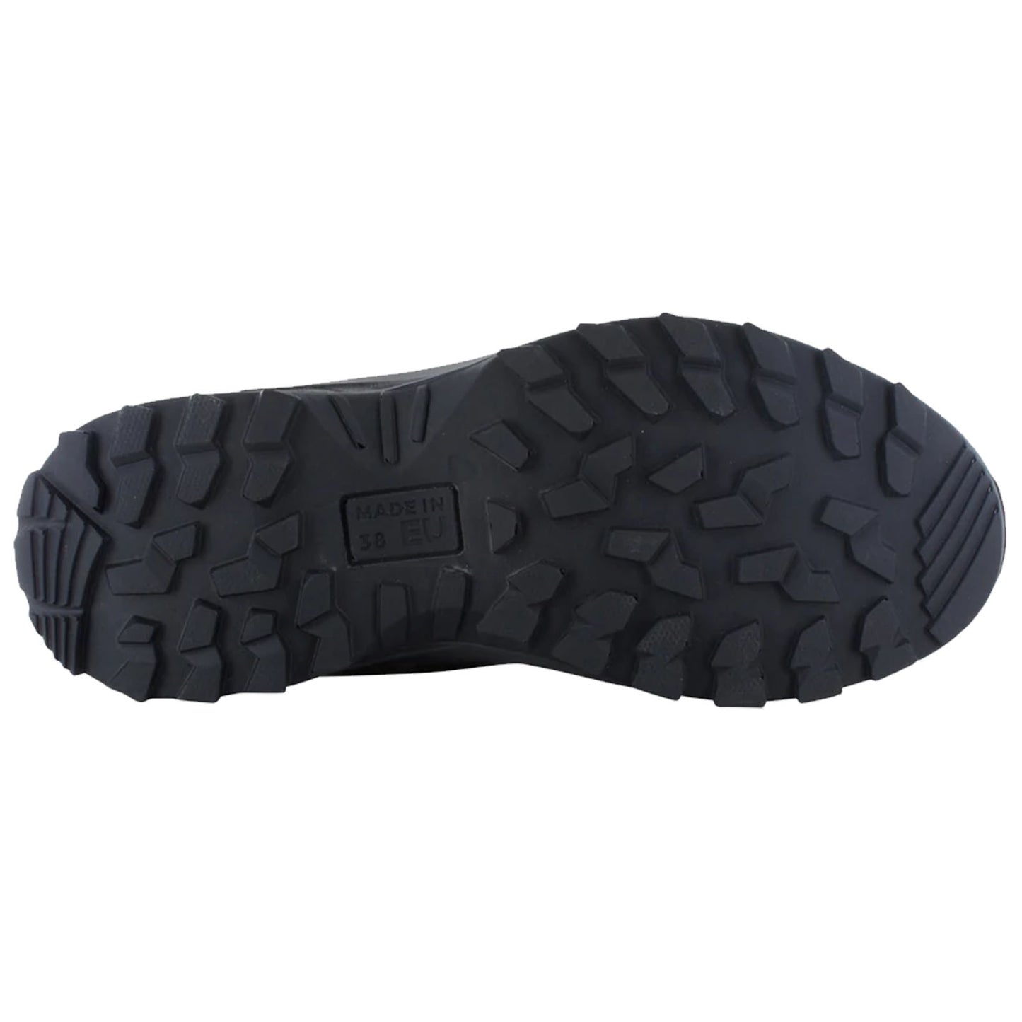 A black shoe sole is displayed with a rugged tread pattern indicating use for outdoor activities the sole is designed to provide traction on various surfaces