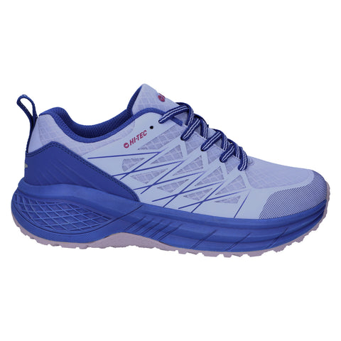 A blue and purple sneaker rests on a flat surface showcasing a mesh and rubber construction with a thick sole designed for comfort and stability during outdoor activities.