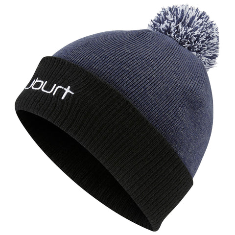 A knitted beanie with a large pom-pom on top features a dark blue body and a black cuff at the bottom with the word "uburt" in white.