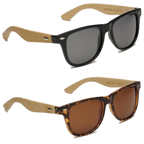 Two pairs of sunglasses are displayed one above the other. The top pair has a black frame with dark lenses. The bottom pair features a tortoiseshell design with brown lenses.