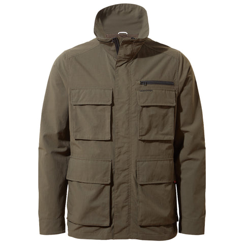 A green jacket is displayed with a high collar and multiple pockets on the front. It is designed for practical outdoor use and has a front zipper.