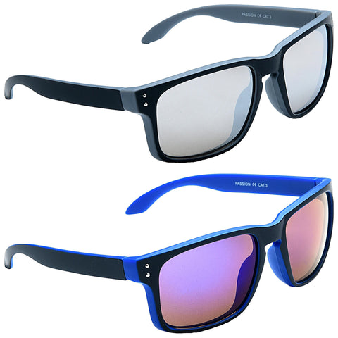 Two pairs of sunglasses arranged vertically with a black pair on top and a blue pair below both featuring stylish frames and gradient lenses suitable for sun protection in outdoor settings.