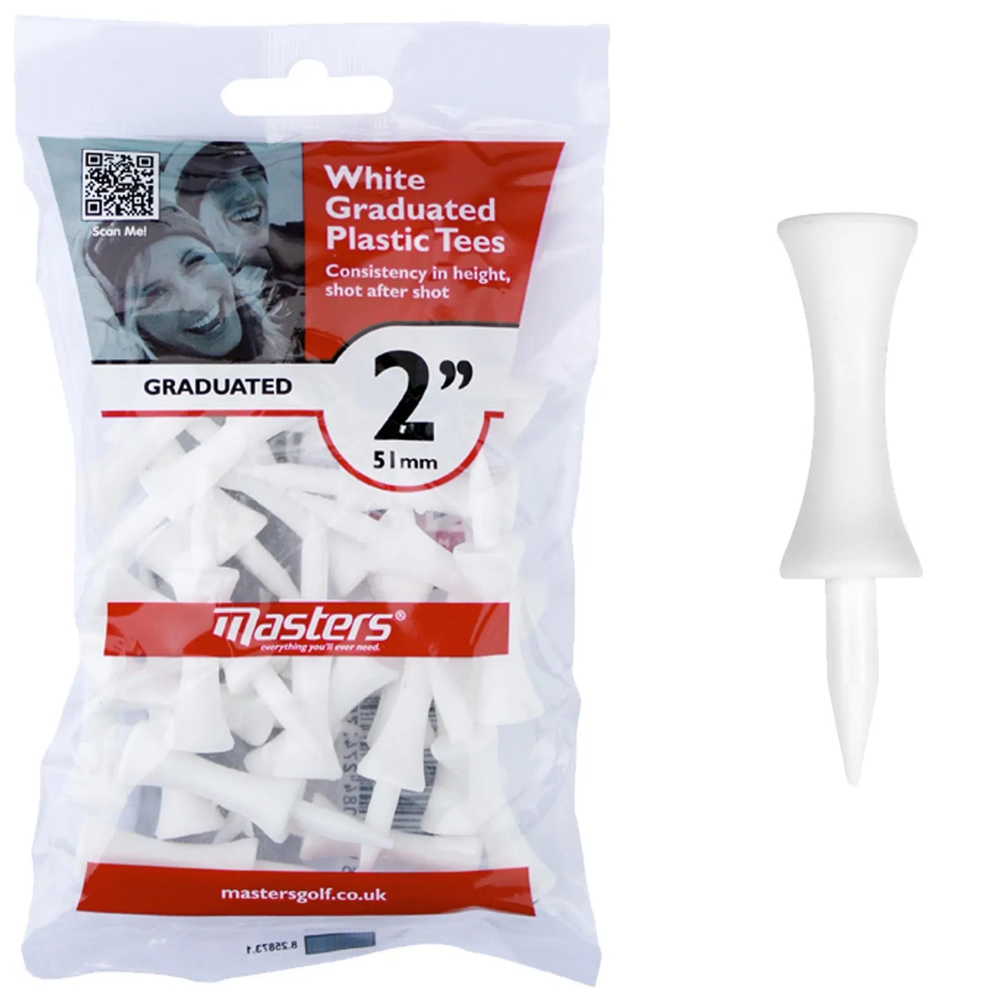 A pack of white graduated plastic golf tees is displayed with a single tee beside it. The tees are designed for consistent height during golfing. The pack features a smiling image and product information.