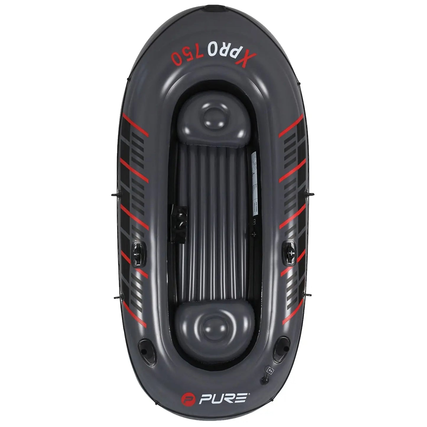 An inflatable boat in dark gray with red accents rests flat on its bottom. It features an open interior space for seating and handles on the sides for easier transport.