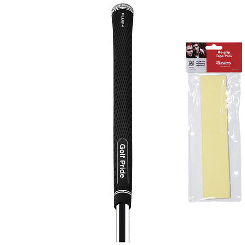 A black golf club grip labeled Golf Pride sits vertically on the left while a yellow re-grip tape pack in clear packaging is displayed on the right against a white background.