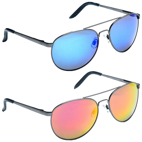 Eyelevel Mens Bologna Polarized Sunglasses A pair of aviator sunglasses is displayed with mirrored blue lenses on the top and mirrored orange lenses on the bottom against a plain white background.