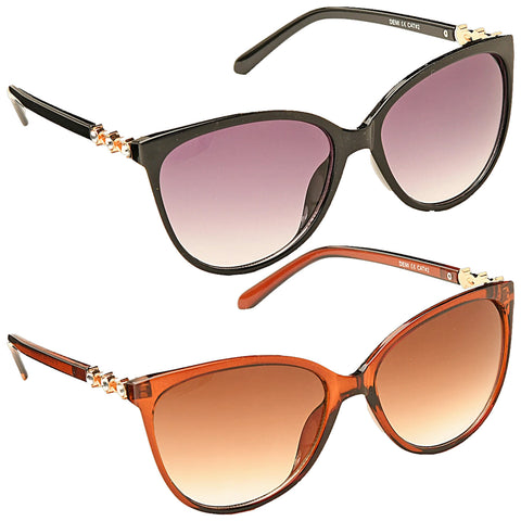 Two pairs of sunglasses are displayed with the black pair on top and the brown pair underneath. Both have cat-eye shapes with gradient lenses and decorative arm details.