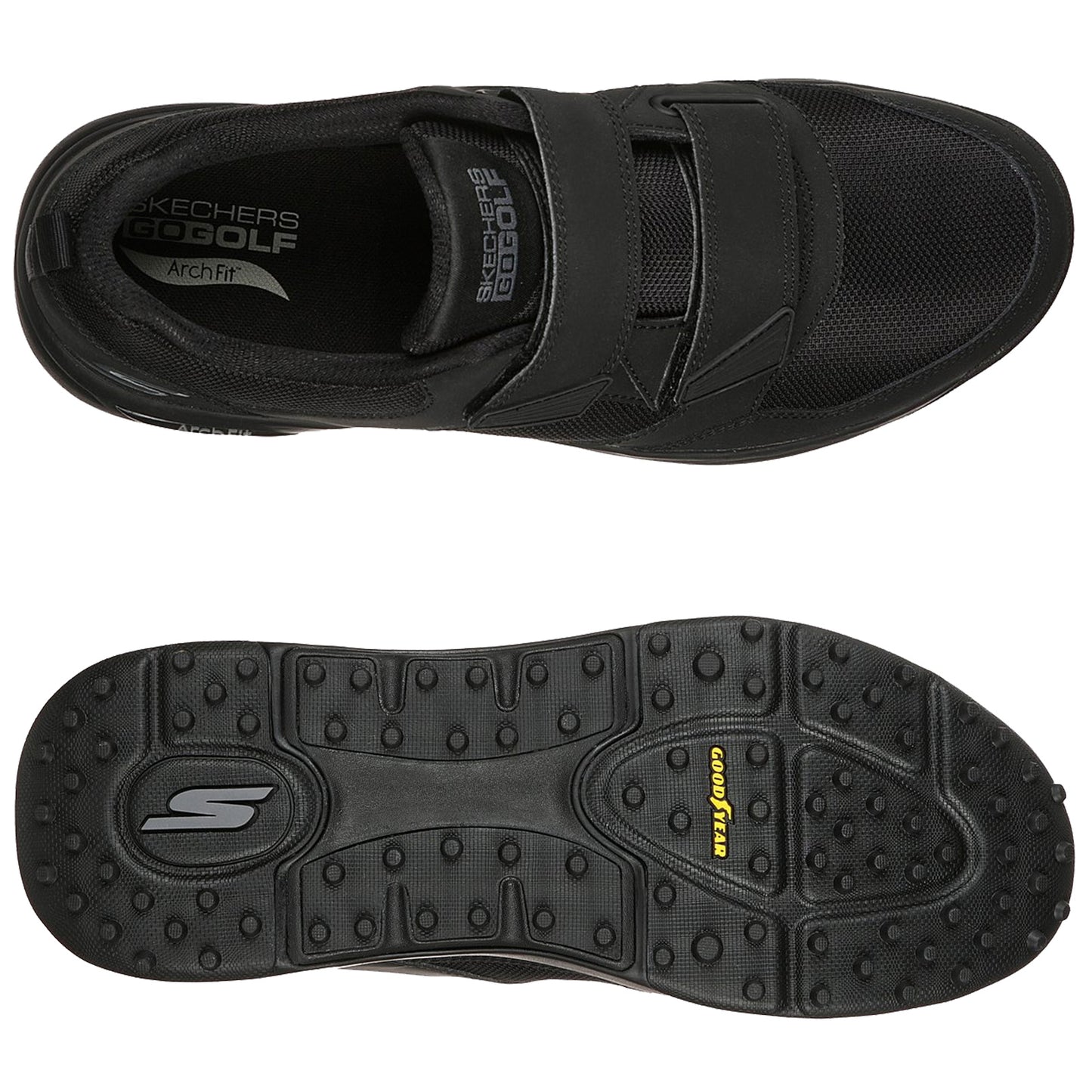 Black golf shoes with a mesh design feature Velcro straps for secure fitting. The sole is designed for traction on grass, suitable for outdoor golfing activities.