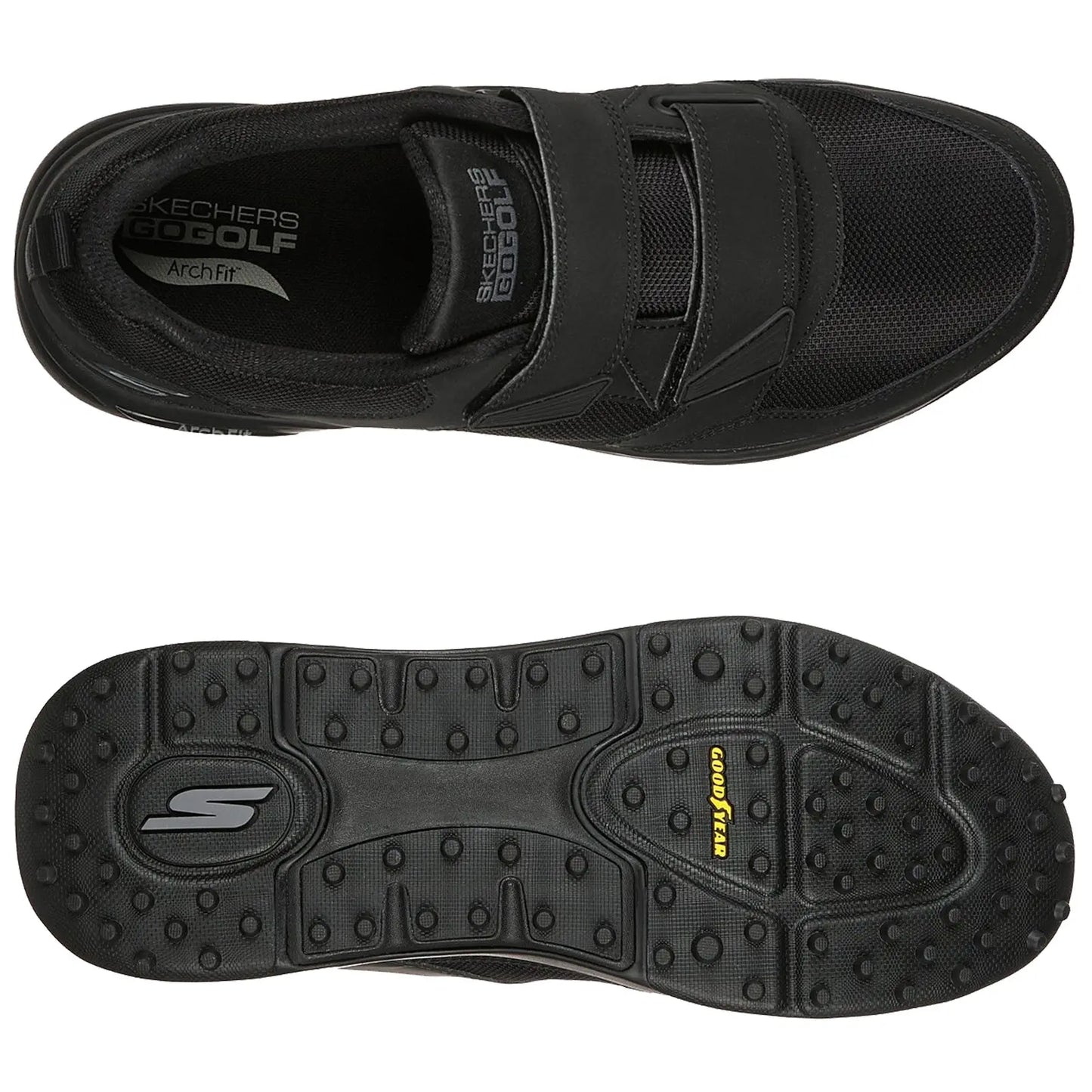 Black golf shoes with a mesh design feature Velcro straps for secure fitting. The sole is designed for traction on grass, suitable for outdoor golfing activities.
